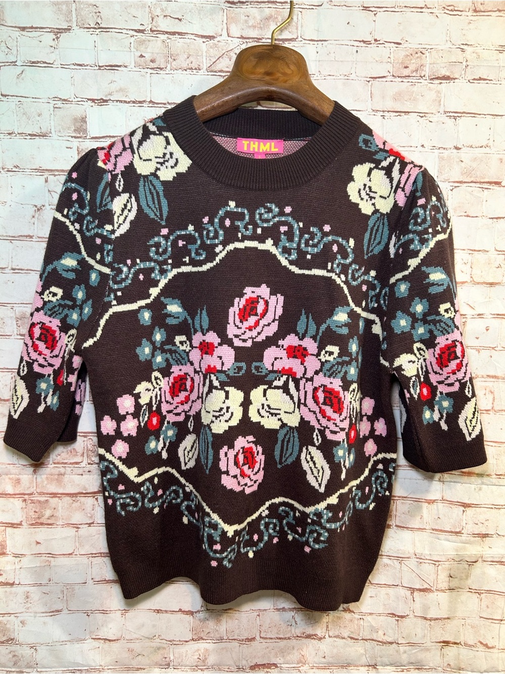 THML Brown Floral Jacquard Rose Short Sleeve Sweater Whimsical Preppy Top Size S - Picture 3 of 9